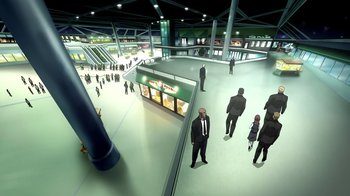 Movie still from “Superman/Shazam!: The Return of Black Adam” (2010), directed by Joaquim Dos Santos – A group of people standing in an airport terminal; Extreme Wide shot, High angle