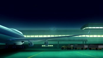 Movie still from “Superman/Shazam!: The Return of Black Adam” (2010), directed by Joaquim Dos Santos – An airplane parked at an airport at night time; Extreme Wide shot, Low angle