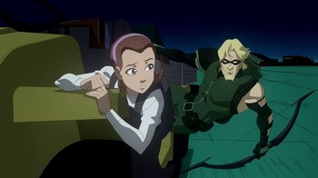 Movie still from “Superman/Shazam!: The Return of Black Adam” (2010), directed by Joaquim Dos Santos – A woman and a man are in the dark; Medium shot, High angle