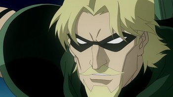 Movie still from “Superman/Shazam!: The Return of Black Adam” (2010), directed by Joaquim Dos Santos – A person wearing a mask; Close Up shot, Low angle