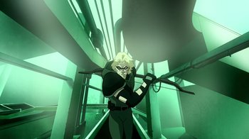 Movie still from “Superman/Shazam!: The Return of Black Adam” (2010), directed by Joaquim Dos Santos – An image of an animated character in a green room; Wide shot, Overhead angle