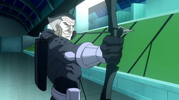 Movie still from “Superman/Shazam!: The Return of Black Adam” (2010), directed by Joaquim Dos Santos – An animated character is holding a bow and arrow; Medium shot, Over the shoulder angle