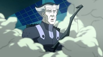 Movie still from “Superman/Shazam!: The Return of Black Adam” (2010), directed by Joaquim Dos Santos – An image of an evil looking man with a bow in his mouth; Medium shot, Over the shoulder angle