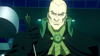 Movie still from “Superman/Shazam!: The Return of Black Adam” (2010), directed by Joaquim Dos Santos – A bald man with a green cape holding a green arrow; Close Up shot, Over the shoulder angle