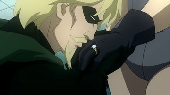 Movie still from “Superman/Shazam!: The Return of Black Adam” (2010), directed by Joaquim Dos Santos – A person with a ring on their finger; Close Up shot, Over the shoulder angle