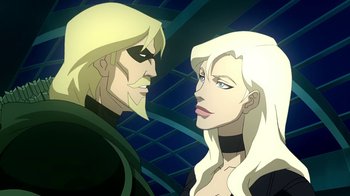 Movie still from “Superman/Shazam!: The Return of Black Adam” (2010), directed by Joaquim Dos Santos – A man and a woman face to face in a cartoon; Close Up shot, Over the shoulder angle