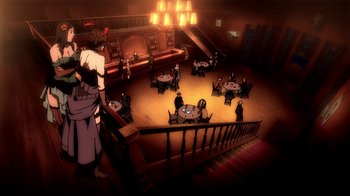 Movie still from “Superman/Shazam!: The Return of Black Adam” (2010), directed by Joaquim Dos Santos – An image of a restaurant with people sitting at the tables; Wide shot, High angle