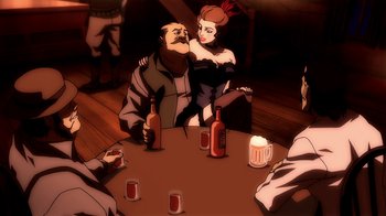 Movie still from “Superman/Shazam!: The Return of Black Adam” (2010), directed by Joaquim Dos Santos – A man and a woman sitting at a table with drinks; Medium shot, Over the shoulder angle