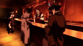 Movie still from “Superman/Shazam!: The Return of Black Adam” (2010), directed by Joaquim Dos Santos – A man standing at a counter in front of two other men; Wide shot, High angle