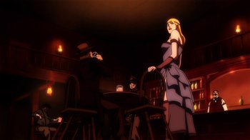 Movie still from “Superman/Shazam!: The Return of Black Adam” (2010), directed by Joaquim Dos Santos – An animated scene of a woman standing in front of a man; Wide shot, Low angle