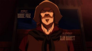 Movie still from “Superman/Shazam!: The Return of Black Adam” (2010), directed by Joaquim Dos Santos – An animated character is wearing a cowboy hat; Close Up shot, Low angle