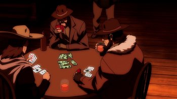 Movie still from “Superman/Shazam!: The Return of Black Adam” (2010), directed by Joaquim Dos Santos – A group of men sitting at a table playing cards; Wide shot, High angle