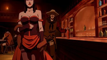 Movie still from “Superman/Shazam!: The Return of Black Adam” (2010), directed by Joaquim Dos Santos – An illustration of a woman and a man at a bar; Medium shot, Over the shoulder angle