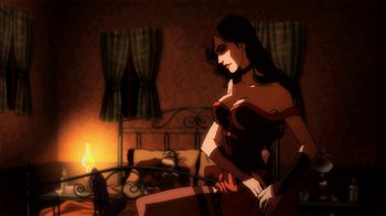 Movie still from “Superman/Shazam!: The Return of Black Adam” (2010), directed by Joaquim Dos Santos – A woman standing in front of a fire place; Medium shot, Over the shoulder angle