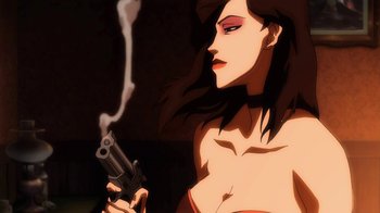 Movie still from “Superman/Shazam!: The Return of Black Adam” (2010), directed by Joaquim Dos Santos – A woman holding a gun in her hand; Close Up shot, Low angle