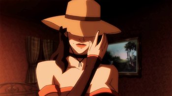 Movie still from “Superman/Shazam!: The Return of Black Adam” (2010), directed by Joaquim Dos Santos – A woman with a hat and a hand on her face; Close Up shot, Over the shoulder angle