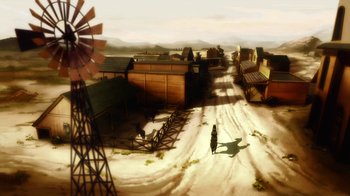 Movie still from “Superman/Shazam!: The Return of Black Adam” (2010), directed by Joaquim Dos Santos – An artist's rendering of an old western town; Extreme Wide shot, High angle