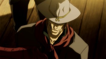 Movie still from “Superman/Shazam!: The Return of Black Adam” (2010), directed by Joaquim Dos Santos – A man in a cowboy hat and a red shirt; Close Up shot, Low angle