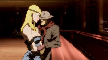 Movie still from “Superman/Shazam!: The Return of Black Adam” (2010), directed by Joaquim Dos Santos – A woman and a man are kissing in the dark; Medium shot, Over the shoulder angle