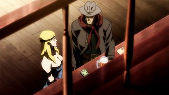 Movie still from “Superman/Shazam!: The Return of Black Adam” (2010), directed by Joaquim Dos Santos – A man and a woman sitting at a table; Medium shot, Over the shoulder angle