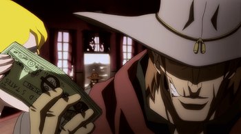 Movie still from “Superman/Shazam!: The Return of Black Adam” (2010), directed by Joaquim Dos Santos – A man in a white cowboy hat is holding money in his hands; Medium shot, Low angle