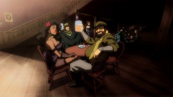 Movie still from “Superman/Shazam!: The Return of Black Adam” (2010), directed by Joaquim Dos Santos – A group of people sitting at a table drinking beer; Medium shot, Low angle