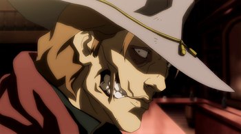 Movie still from “Superman/Shazam!: The Return of Black Adam” (2010), directed by Joaquim Dos Santos – An animated picture of a man with a cowboy hat on; Close Up shot, Low angle