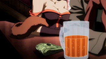 Movie still from “Superman/Shazam!: The Return of Black Adam” (2010), directed by Joaquim Dos Santos – A glass of orange beer is sitting next to a glass of orange beer; Extreme Close Up shot, Over the shoulder angle