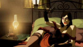 Movie still from “Superman/Shazam!: The Return of Black Adam” (2010), directed by Joaquim Dos Santos – A woman laying on a bed holding a gun; Medium shot, Overhead angle