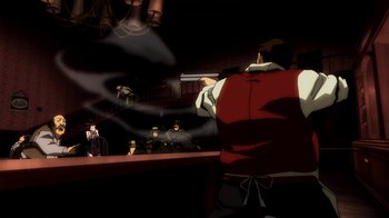 Movie still from “Superman/Shazam!: The Return of Black Adam” (2010), directed by Joaquim Dos Santos – A man is holding a gun in front of a group of people; Wide shot, Over the shoulder angle