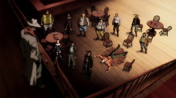 Movie still from “Superman/Shazam!: The Return of Black Adam” (2010), directed by Joaquim Dos Santos – An overhead view of a group of people standing in a room; Wide shot, Overhead angle