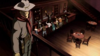 Movie still from “Superman/Shazam!: The Return of Black Adam” (2010), directed by Joaquim Dos Santos – An animated cowboy stands in front of a crowd of people; Wide shot, Low angle