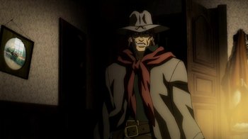 Movie still from “Superman/Shazam!: The Return of Black Adam” (2010), directed by Joaquim Dos Santos – A man in a hat and a jacket standing in a room; Medium shot, Low angle