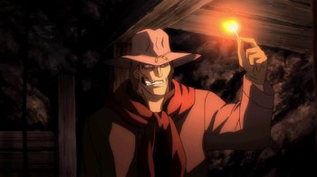 Movie still from “Superman/Shazam!: The Return of Black Adam” (2010), directed by Joaquim Dos Santos – An animated cowboy is holding a light in his hand; Medium shot, Low angle