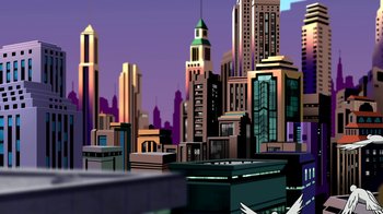 Movie still from “Superman: Doomsday” (2007), directed by Bruce Timm – An illustration of a city skyline at sunset; Extreme Wide shot, Low angle