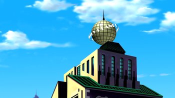 Movie still from “Superman: Doomsday” (2007), directed by Bruce Timm – A large building with a disco ball on the top of it; Extreme Wide shot, Low angle