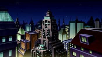 Movie still from “Superman: Doomsday” (2007), directed by Bruce Timm – A cartoon of a large city at night with lights on buildings; Extreme Wide shot, High angle