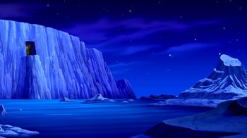 Movie still from “Superman: Doomsday” (2007), directed by Bruce Timm – A painting of a night sky with stars and mountains; Extreme Wide shot, Low angle