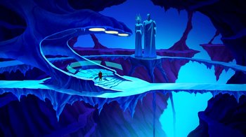 Movie still from “Superman: Doomsday” (2007), directed by Bruce Timm – A painting of a man standing on a mountain; Extreme Wide shot, High angle