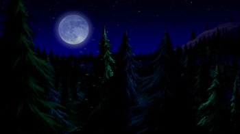 Movie still from “Superman: Doomsday” (2007), directed by Bruce Timm – A painting of a full moon over a wooded area at night; Extreme Wide shot, Low angle
