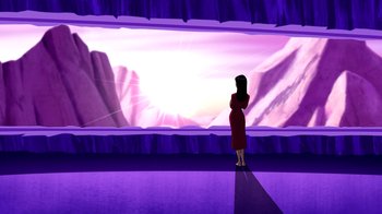 Movie still from “Superman: Doomsday” (2007), directed by Bruce Timm – A woman standing in front of a stage with a purple curtain; Extreme Wide shot, Over the shoulder angle