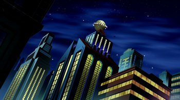 Movie still from “Superman: Doomsday” (2007), directed by Bruce Timm – An illustration of a city skyline at night time; Extreme Wide shot, Low angle