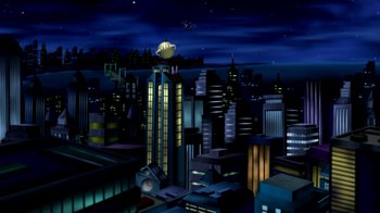 Movie still from “Superman: Doomsday” (2007), directed by Bruce Timm – An illustration of a city skyline at night time; Extreme Wide shot, High angle