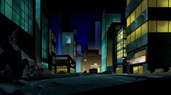 Movie still from “Superman: Doomsday” (2007), directed by Bruce Timm – An empty street at night in a cartoon style; Extreme Wide shot, Low angle