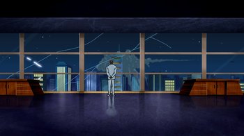 Movie still from “Superman: Doomsday” (2007), directed by Bruce Timm – A man standing in front of a large window with a view of a city; Extreme Wide shot, Low angle