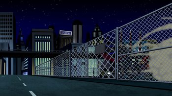 Movie still from “Superman: Doomsday” (2007), directed by Bruce Timm – An illustration of a city at night with buildings lit up in the background; Extreme Wide shot, Low angle