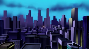 Movie still from “Superman: Doomsday” (2007), directed by Bruce Timm – An artistic rendering of a city skyline at night; Extreme Wide shot, High angle
