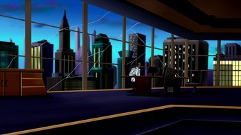 Movie still from “Superman: Doomsday” (2007), directed by Bruce Timm – An animated scene of a man sitting in front of a large window; Extreme Wide shot, Low angle