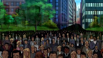 Movie still from “Superman: Doomsday” (2007), directed by Bruce Timm – A crowd of people standing in front of a building; Extreme Wide shot, High angle