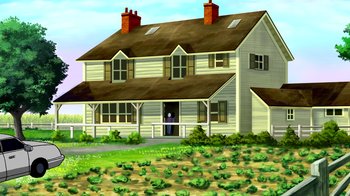 Movie still from “Superman: Doomsday” (2007), directed by Bruce Timm – An illustration of a house in a field with bushes; Extreme Wide shot, Low angle